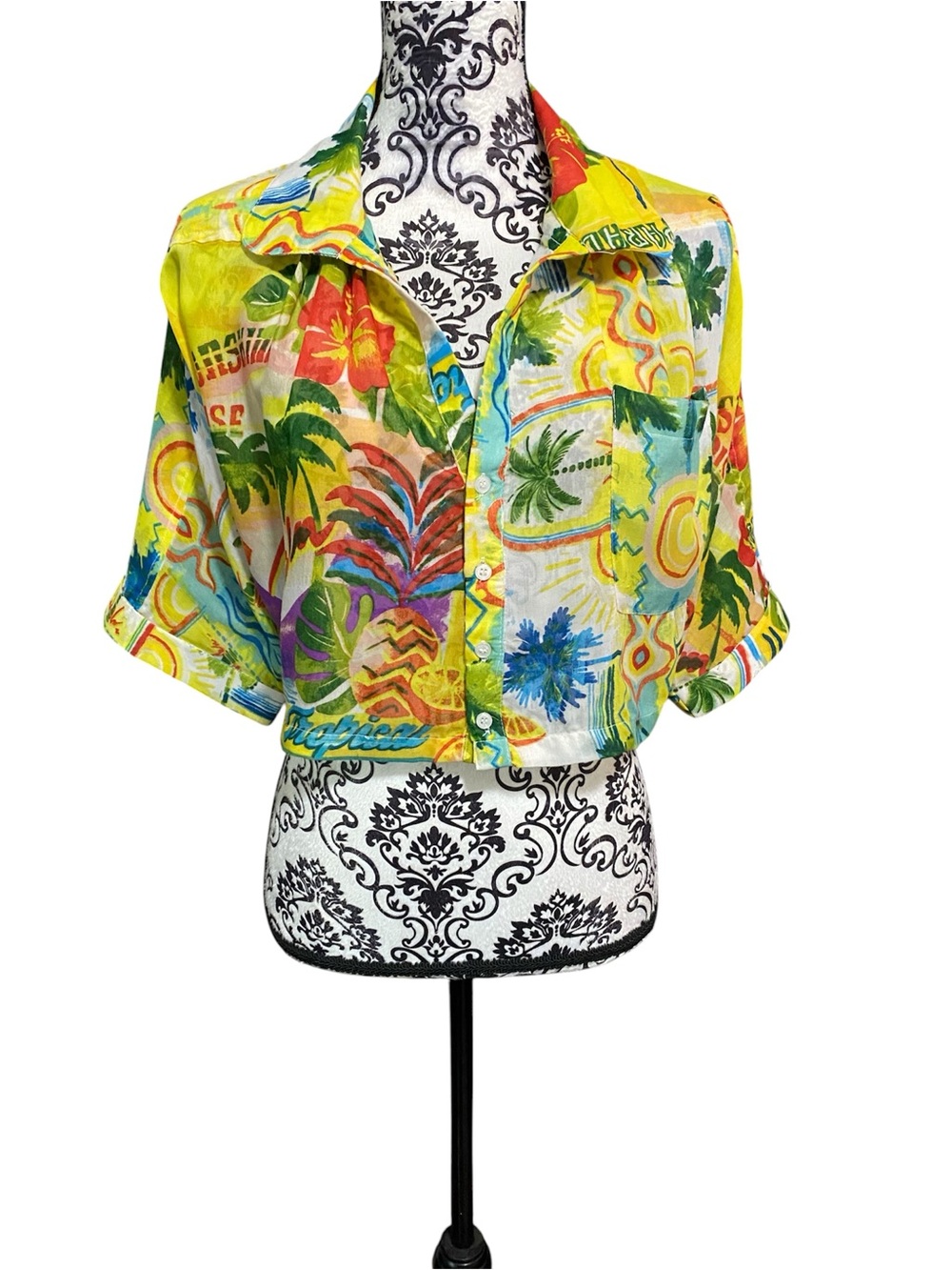 Violet Sky Tropical Floral Button-Front Cropped Top Shirt Sz-M